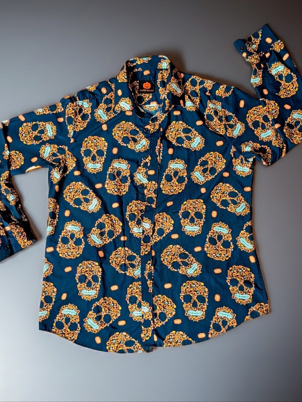 Simon Banks Men's Halloween Pumpkin Skull Button Down Shirt Size L EUC